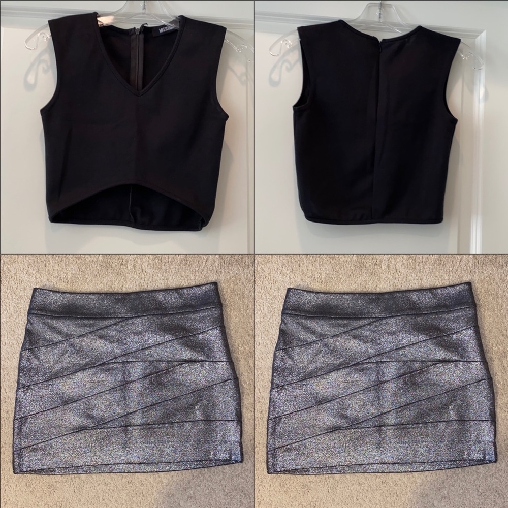 Both items! Black crop top and silver miniskirt